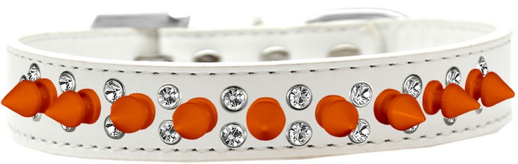 Double Crystal and Neon Orange Spikes Dog Collar White Size 20